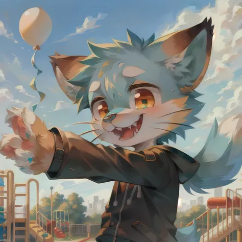masterpiece, high quality portrait, realistic, anthro, furry, cyan fur, (cub), (whiskers), solo child boy, playground, jacket, holding balloons, posing, (laughing), (full shot), (by fuf), (by kekitopu)