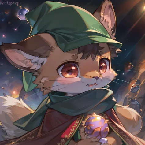 masterpiece, high quality portrait, 3D realistic CG, dramatic lighting, intricate details, sharp focus, 16k, anthro, furry, (cub), (whiskers), solo child boy, wizard hat, embroidered cape, scarf, (expressionless), (hugging orb), (outer space), (by kekitopu), (far shot)