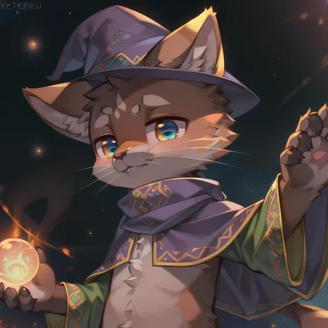 masterpiece, high quality portrait, 3D realistic CG, dramatic lighting, intricate details, sharp focus, 16k, anthro, furry, (cub), (whiskers), solo child boy, wizard hat, embroidered cape, scarf, (expressionless), (big magic wind orb), (hand reaching out), (galactic sky), (by kekitopu), (far shot)
