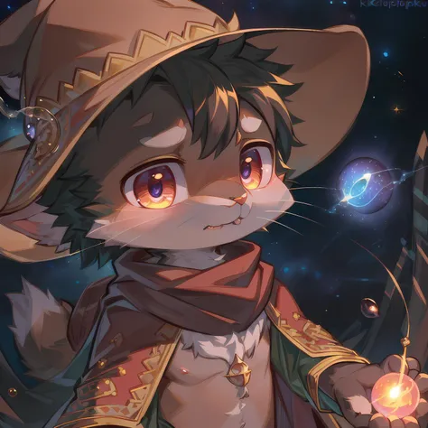 masterpiece, high quality portrait, 3D realistic CG, dramatic lighting, intricate details, sharp focus, 16k, anthro, furry, (cub), (whiskers), solo child boy, wizard hat, embroidered cape, scarf, (expressionless), (magic wind orb:1.2), (hand reaching out), (galactic sky), (by kekitopu), (far shot)