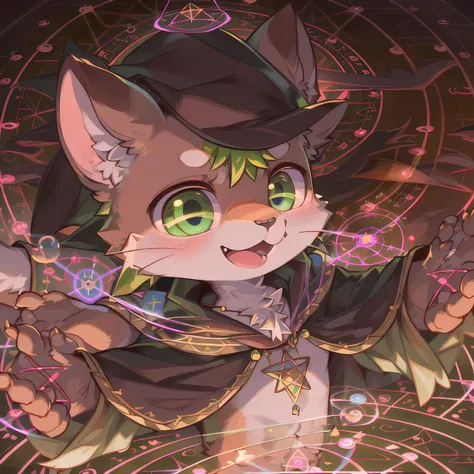 masterpiece, high quality portrait, 3D realistic CG, dramatic lighting, intricate details, sharp focus, 16k, anthro, furry, (cub), (whiskers), solo child boy, wizard hat, cape, pentacle necklace, (relieved mouth open), (green orbs), (magic circle:1.4), dark sky, (reaching hand out), (by kekitopu), (far shot)