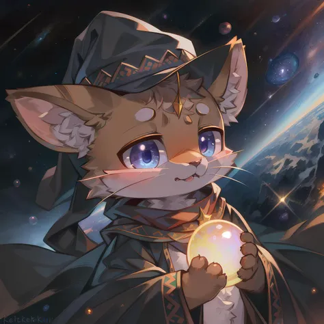 masterpiece, high quality portrait, 3D realistic CG, dramatic lighting, intricate details, sharp focus, 16k, anthro, furry, (cub), (whiskers), solo child boy, wizard hat, embroidered cape, scarf, (expressionless), (hugging orb), (outer space), (by kekitopu), (far shot)