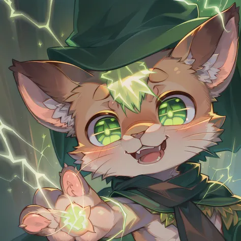 masterpiece, high quality portrait, 3D realistic CG, dramatic lighting, intricate details, sharp focus, 16k, anthro, furry, (cub), (whiskers), solo child boy, wizard hat, cape, scarf, (laughing), (green electricity magic:1.4), (reaching hand out), (by kekitopu), (far shot)