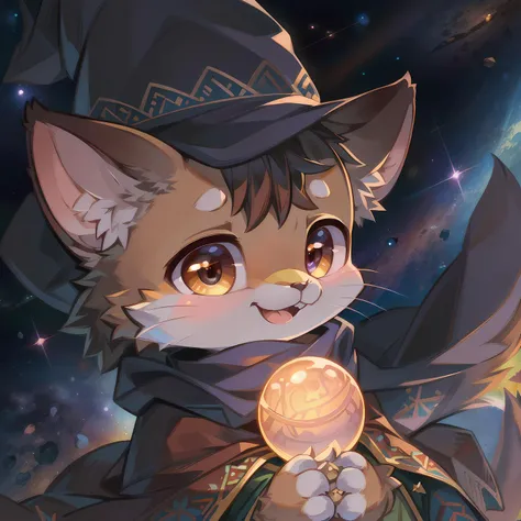 masterpiece, high quality portrait, 3D realistic CG, dramatic lighting, intricate details, sharp focus, 16k, anthro, furry, (cub), (whiskers), solo child boy, wizard hat, embroidered cape, scarf, (happy), (hugging orb), (outer space), (by kekitopu), (far shot)