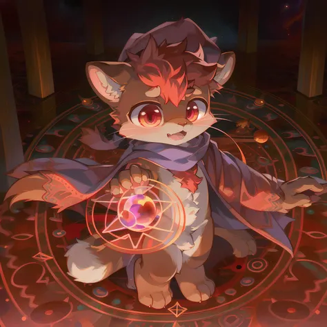 masterpiece, high quality portrait, 3D realistic CG, dramatic lighting, intricate details, sharp focus, 16k, anthro, furry, (cub), (whiskers), solo child boy, wizard hat, cape, scarf, (amazed), (magic circle in background:1.2), (red lightning), (holding plasma orb hand reaching out), (outer space), (by kekitopu), full shot