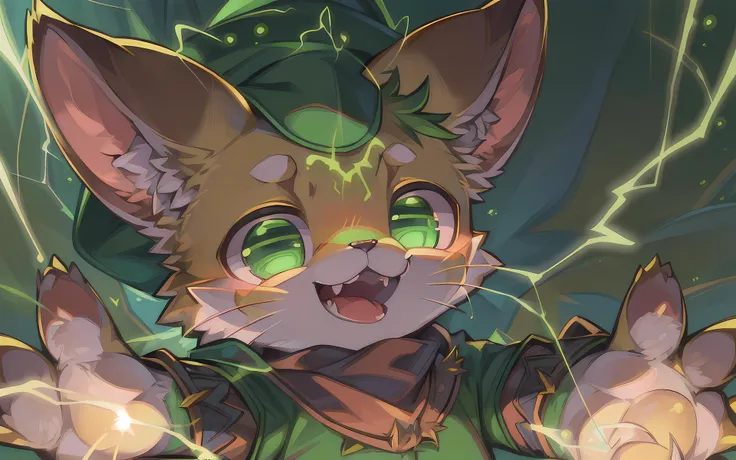 masterpiece, high quality portrait, 3D realistic CG, dramatic lighting, intricate details, sharp focus, 16k, anthro, furry, (cub), (whiskers), solo child boy, wizard hat, cape, scarf, (laughing), (green electricity magic:1.4), (reaching hand out), (by kekitopu), (far shot)