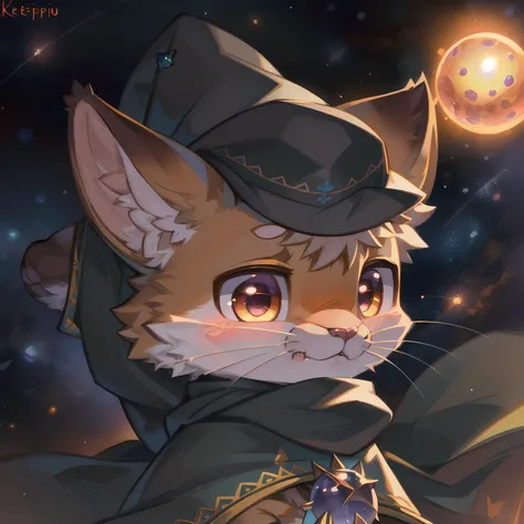 masterpiece, high quality portrait, 3D realistic CG, dramatic lighting, intricate details, sharp focus, 16k, anthro, furry, (cub), (whiskers), solo child boy, wizard hat, embroidered cape, scarf, (relieved), (hugging orb), (outer space), (by kekitopu), (far shot)