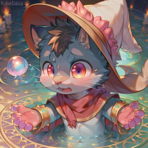 masterpiece, high quality portrait, 3D realistic CG, dramatic lighting, intricate details, sharp focus, 16k, anthro, furry, (cub), (whiskers), solo child boy, wizard hat, cape, scarf, (amazed), (water magic circle in background:1.2), (coral and jellyfish), (holding water orb hand reaching out), (by kekitopu), full shot