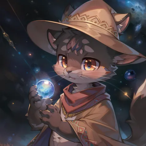 masterpiece, high quality portrait, 3D realistic CG, dramatic lighting, intricate details, sharp focus, 16k, anthro, furry, (cub), (whiskers), solo child boy, wizard hat, embroidered cape, scarf, (expressionless), (hugging magic orb), (outer space), (by kekitopu), (far shot)
