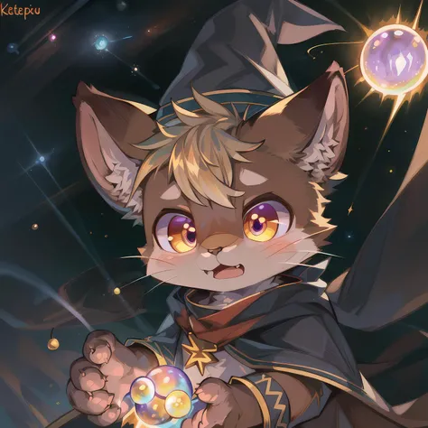 masterpiece, high quality portrait, 3D realistic CG, dramatic lighting, intricate details, sharp focus, 16k, anthro, furry, (cub), (whiskers), solo child boy, wizard hat, cape, scarf, (surprised), (magic lightning orbs:1.4), (reaching hand out), (outer space planets), (by kekitopu), full shot