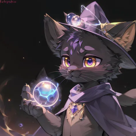 masterpiece, high quality portrait, 3D realistic CG, dramatic lighting, intricate details, sharp focus, 16k, anthro black cat, furry, (cub), (whiskers), solo child boy, purple wizard hat, cape, scarf, (pensive), (magic wind orb:1.4), (hand reaching out), (extraterrestrial), (by kekitopu), (far shot)
