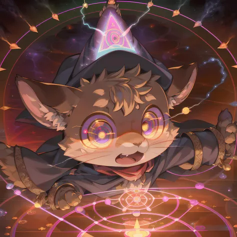 masterpiece, high quality portrait, 3D realistic CG, dramatic lighting, intricate details, sharp focus, 16k, anthro, furry, (cub), (whiskers), solo child boy, wizard hat, cape, scarf, (surprised), (plasma), (electricity magic circle:1.4), (reaching hand out), (outer space), (by kekitopu), full shot