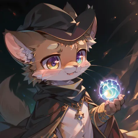 masterpiece, high quality portrait, 3D realistic CG, dramatic lighting, intricate details, sharp focus, 16k, anthro, furry, (cub), (whiskers), solo child boy, wizard hat, cape, scarf, (pensive), (magic wind orb:1.4), (hand reaching out), (galactic), (by kekitopu), (far shot)