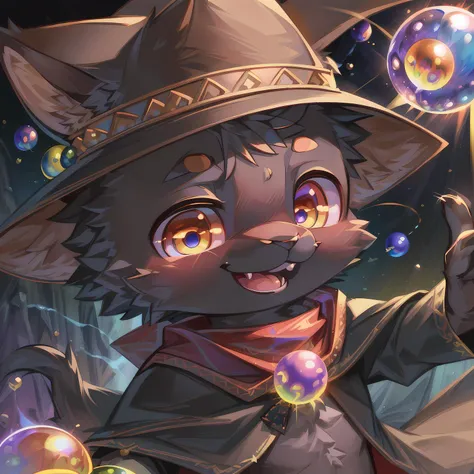 masterpiece, high quality portrait, 3D realistic CG, dramatic lighting, intricate details, sharp focus, 16k, anthro black cat, furry, (cub), (whiskers), solo child boy, wizard hat, cape, scarf, (laughing), (magic wind orbs:1.4), (hand reaching out), (extraterrestrial), (by kekitopu), (far shot)