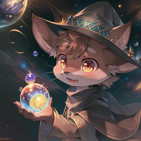 masterpiece, high quality portrait, 3D realistic CG, dramatic lighting, intricate details, sharp focus, 16k, anthro, furry, (cub), (whiskers), solo child boy, wizard hat, cape, scarf, (surprised), (magic wind orbs:1.4), (reaching hand out), (outer space planets), (by kekitopu), full shot