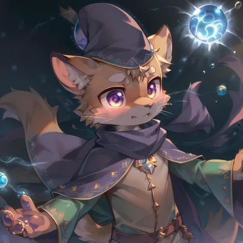 masterpiece, high quality portrait, 3D realistic CG, dramatic lighting, intricate details, sharp focus, 16k, anthro, furry, (cub), (whiskers), solo child boy, wizard hat, embroidered cape, scarf, (expressionless), (magic wind orb:1.6), (hand reaching out), (galactic sky), (by kekitopu), (far shot)