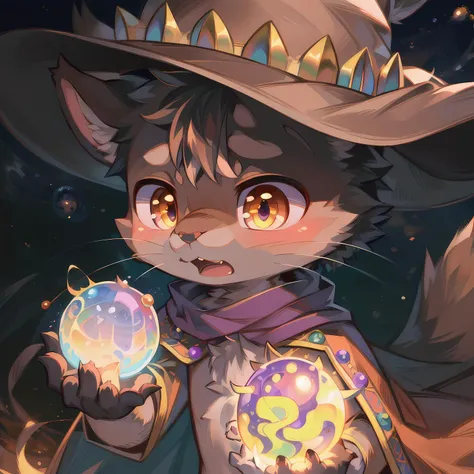 masterpiece, high quality portrait, 3D realistic CG, dramatic lighting, intricate details, sharp focus, 16k, anthro, furry, (cub), (whiskers), solo child boy, wizard hat, cape, scarf, (surprised), (magic wind orbs:1.4), (reaching hand out), (stars), (by kekitopu), full shot