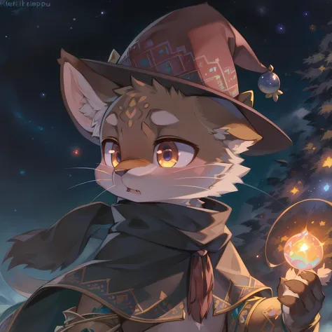 masterpiece, high quality portrait, 3D realistic CG, dramatic lighting, intricate details, sharp focus, 16k, anthro, furry, (cub), (whiskers), solo child boy, wizard hat, embroidered cape, scarf, (expressionless), (holding big magic wind orb), (galactic sky), (by kekitopu), (far shot)