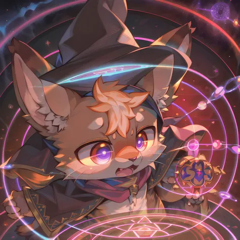 masterpiece, high quality portrait, 3D realistic CG, dramatic lighting, intricate details, sharp focus, 16k, anthro, furry, (cub), (whiskers), solo child boy, wizard hat, cape, scarf, (surprised), (plasma), (electricity magic circle:1.4), (standing), (reaching hand out), (outer space), (by kekitopu), full shot
