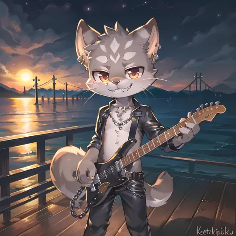 masterpiece, high quality landscape, 3D realistic CG, dramatic lighting, intricate details, sharp focus, 16k, anthro, gray furry, (cub), (whiskers), solo child boy, leather clothes, earrings, belt, chain necklace, (smirk showing teeth), playing electric guitar, pier, night, moon, (by kekitopu), (full body shot)