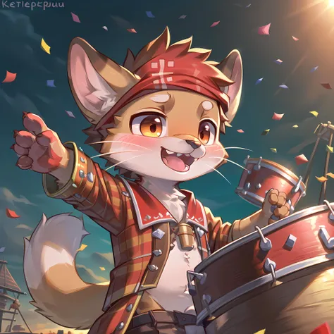 masterpiece, high quality landscape, 3D realistic CG, dramatic lighting, intricate details, sharp focus, 16k, anthro, red furry, (cub), (whiskers), solo child boy, laughing, plaid outerwear, bandana, (drums and cymbals:1.2), holding drumsticks, (pirate ship), confetti, (by kekitopu)