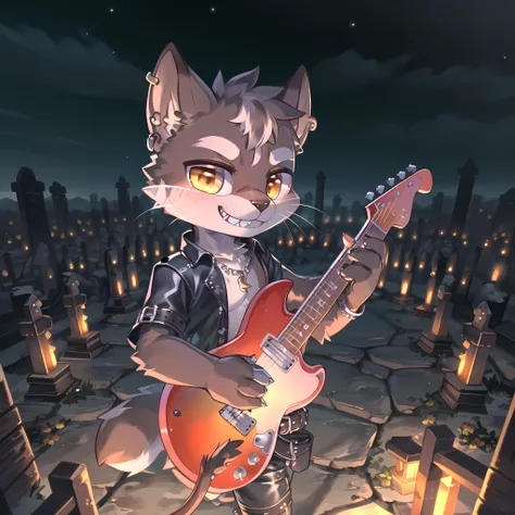 masterpiece, high quality landscape, 3D realistic CG, dramatic lighting, intricate details, sharp focus, 16k, anthro, furry, (cub), (whiskers), solo child boy, leather clothes, earrings, belt, chain necklace, chain belt, (smirk showing teeth), playing electric guitar, graveyard, night, moonbeam, (by kekitopu), (full shot)
