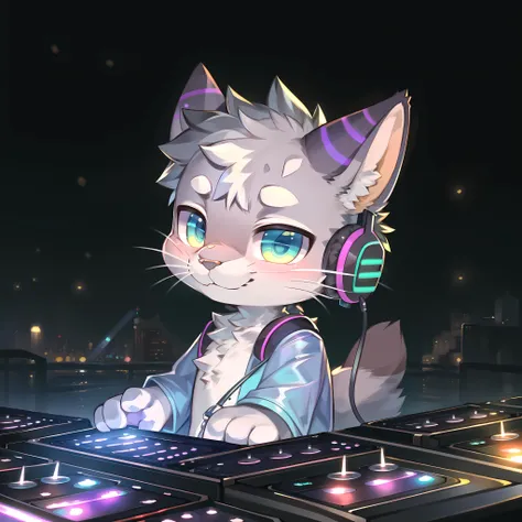 masterpiece, high quality landscape, 3D realistic CG, dramatic lighting, intricate details, sharp focus, 16k, anthro, silver furry, (cub), (whiskers), solo child boy, neon clothes, (wearing headphones:1.2), smile, (DJ), night club, (by kekitopu), (full body shot)