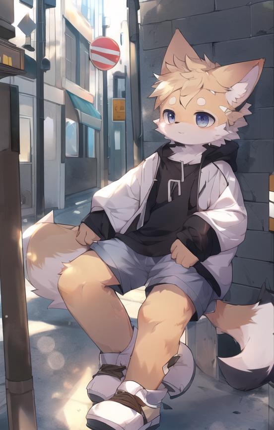 Anime - style picture of a cat sitting on a pole in a city - SeaArt AI