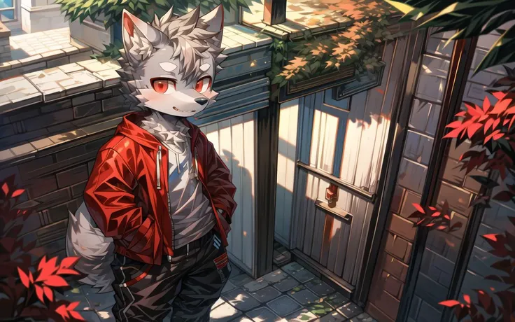 masterpiece:1.2,high quality,digital painting \(artwork\),(portrait:0.5),ultra detail,perfect lighting
(1 wolf boy):1.5,grey hair, short hair,body fur, (thick thighs:0.5), (full body:1.1), red eyes,(ultra detailed),eyesgod,looking at viewer,solo,ultra detailed ,1 tail,behind hips, stroll,Casual wear,hypebeast,streetwear,street style clothes,hands in pockets
looking at viewer,out of frame,Santorini island,Santorini house,outdoors,on the street,brick road, middle age town,leaning on wall