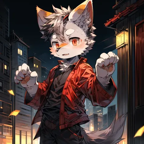 (masterpiece:1.2),(anatomically correct:1.1), (high quality:1.5), (((solo male anthropomorphic)))
kemono furry_transformation wolf fursona,1 wolf boy,black fur,red eyes,detail eyes (sky bule nose),white hands paws, canine hands,black beans, detail beans,((1 wolf boy)),[digital painting \(artwork\)::0.8],(motion lines:1.1),[watercolor (artwork):0.6],kemono,grey hair, short hair,white suit,black shirt, face to camera,detail face,facing at right,turn right,outdoors,Shota,tokyo \(city\), night