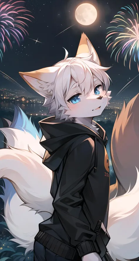 (starry_sky, moon, crescent_moon, night_sky, night, shooting_star, sky, galaxy,fireworks, starry_sky_print), male_focus,furry, 1boy,solo, (detailed_background,amazing_background),white fur, fox boy, black hoodie, fox tail,(multiple tails), blue eyes, white hair,detailed face,detailed eyes,head tilt, from side, sfw,