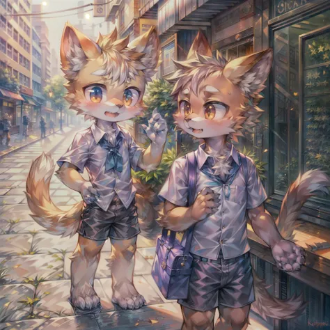 masterpiece, best quality, intricate details, professional illustration, anthro, furry, whiskers, two child cat boys, school uniform, shorts, school bag, sunny city street, (by kekitopu:1.1) AS-YoungerV2 <lora:add_detail:0.3> <lora:more_details:0.3>