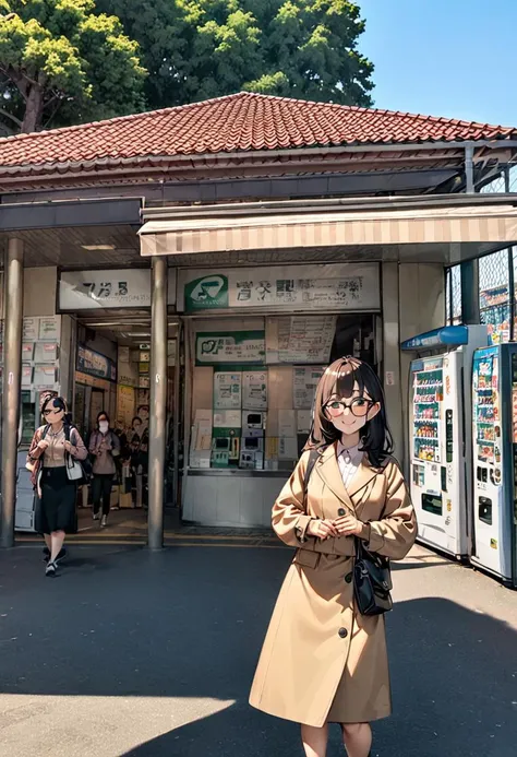 masterpiece, best quality, very aesthetic, absurdres,
1girl, solo, glasses, black hair, long hair, jacket, skirt, black bag, smile, looking at viewer, solo focus,upper body, 
uguisudani, storefront, vending machine, scenery, outdoors, tree, sky, blue sky, day, building, sign, shadow, real world location
 <lora:uguisudani_SDXL_V1:0.8>