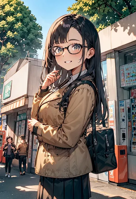 masterpiece, best quality, very aesthetic, absurdres,
1girl, solo, glasses, black hair, long hair, jacket, skirt, black bag, smile, looking at viewer, solo focus,upper body, 
uguisudani, storefront, vending machine, scenery, outdoors, tree, sky, blue sky, day, building, sign, shadow, real world location
 <lora:uguisudani_SDXL_V1:0.8>