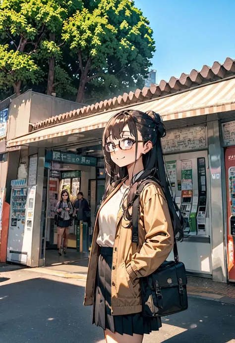 masterpiece, best quality, very aesthetic, absurdres,
1girl, solo, glasses, black hair, long hair, jacket, skirt, black bag, smile, looking at viewer, solo focus,upper body, 
uguisudani, storefront, vending machine, scenery, outdoors, tree, sky, blue sky, day, building, sign, shadow, real world location
 <lora:uguisudani_SDXL_V1:0.8>