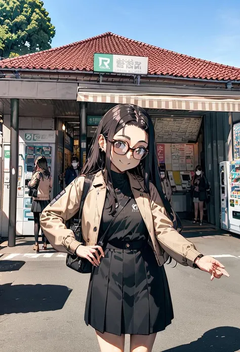 masterpiece, best quality, very aesthetic, absurdres,
1girl, solo, glasses, black hair, long hair, jacket, skirt, black bag, smile, looking at viewer, solo focus,upper body, 
uguisudani, storefront, vending machine, scenery, outdoors, tree, sky, blue sky, day, building, sign, shadow, real world location
 <lora:uguisudani_SDXL_V1:0.8>