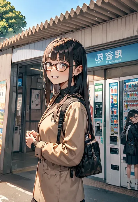 masterpiece, best quality, very aesthetic, absurdres,
1girl, solo, glasses, black hair, long hair, jacket, skirt, black bag, smile, looking at viewer, solo focus,upper body, 
uguisudani, storefront, vending machine, scenery, outdoors, tree, sky, blue sky, day, building, sign, shadow, real world location
 <lora:uguisudani_SDXL_V1:0.8>