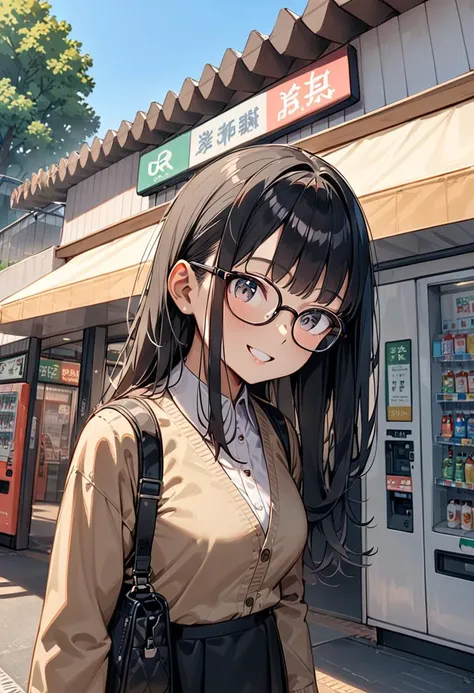 masterpiece, best quality, very aesthetic, absurdres,
1girl, solo, glasses, black hair, long hair, jacket, skirt, black bag, smile, looking at viewer, solo focus,upper body, 
uguisudani, storefront, vending machine, scenery, outdoors, tree, sky, blue sky, day, building, sign, shadow, real world location
 <lora:uguisudani_SDXL_V1:0.6>