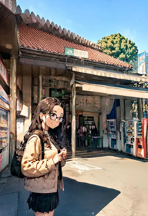 masterpiece, best quality, very aesthetic, absurdres,
1girl, solo, glasses, black hair, long hair, jacket, skirt, black bag, smile, looking at viewer, solo focus,upper body, 
uguisudani, storefront, vending machine, scenery, outdoors, tree, sky, blue sky, day, building, sign, shadow, real world location
 <lora:uguisudani_SDXL_V1:1>