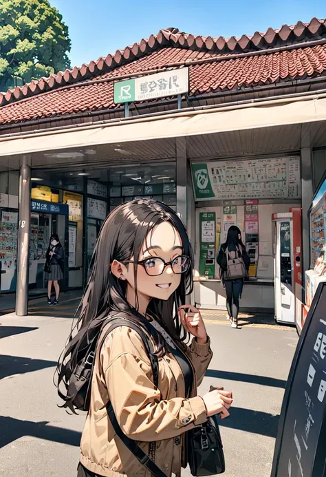 masterpiece, best quality, very aesthetic, absurdres,
1girl, solo, glasses, black hair, long hair, jacket, skirt, black bag, smile, looking at viewer, solo focus,upper body, 
uguisudani, storefront, vending machine, scenery, outdoors, tree, sky, blue sky, day, building, sign, shadow, real world location
 <lora:uguisudani_SDXL_V1:0.8>