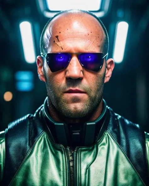 (masterpiece, best quality), Jason Statham as cyberpunk android wearing visor, cyberpunk city, 1 man, epic (photo, studio lighting, hard light, sony a7, 50 mm, matte skin, pores, colors, hyperdetailed, hyperrealistic), ultrasharp, <lora:stathem:0.95>