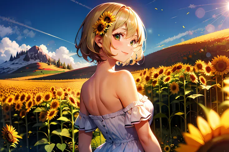 1girl, upper body, standing, from behind, looking back, short hair, blonde hair, green eyes, white dress, frilled dress, off shoulder dress, strapless dress, short sleeves, frilled sleeves, bare shoulders, bare arms, bare back, closed mouth, smile, nature, sunflower, flower field, mountain, blue sky, sunlight