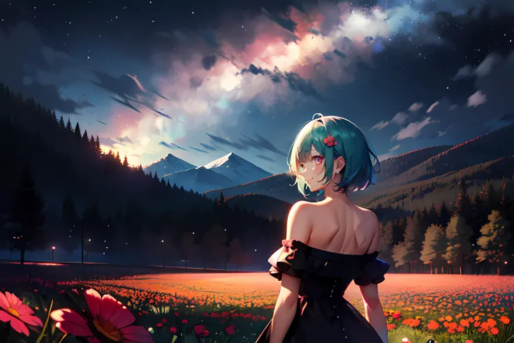 1girl, upper body, standing, from behind, looking back, short hair, aqua hair, pink eyes, black dress, frilled dress, off shoulder dress, strapless dress, short sleeves, frilled sleeves, bare shoulders, bare arms, bare back, closed mouth, smile, nature, flower field, mountain, night, night sky