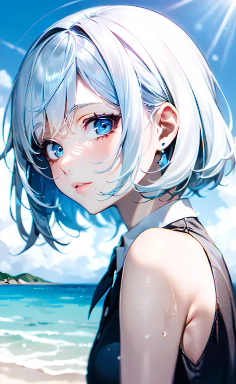 1girl, close up, shoulder focus, from side, short hair, silver hair, blue eyes, black dress, collared dress, sleeveless dress, bare shoulders, bare arms, blue sky, sunlight