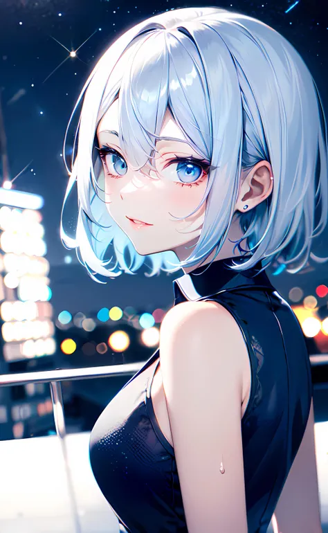 1girl, close up, shoulder focus, from side, short hair, silver hair, blue eyes, black dress, collared dress, sleeveless dress, bare shoulders, bare arms, night, night sky