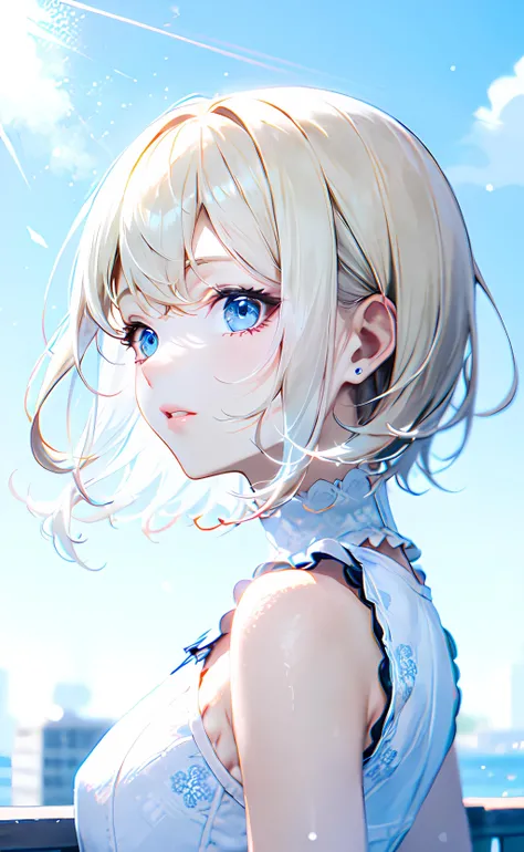 1girl, close up, shoulder focus, from side, short hair, blonde hair, blue eyes, white dress, sleeveless dress, frilled dress, bare shoulders, bare arms, blue sky, sunlight