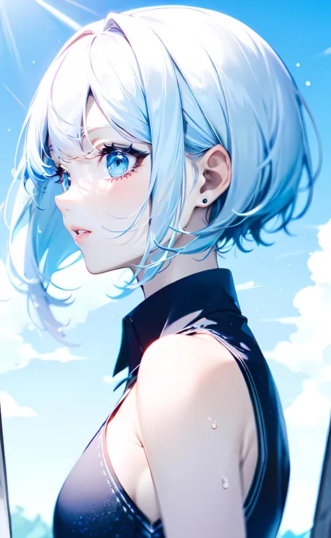 1girl, close up, shoulder focus, from side, short hair, silver hair, blue eyes, black dress, collared dress, sleeveless dress, bare shoulders, bare arms, blue sky, sunlight