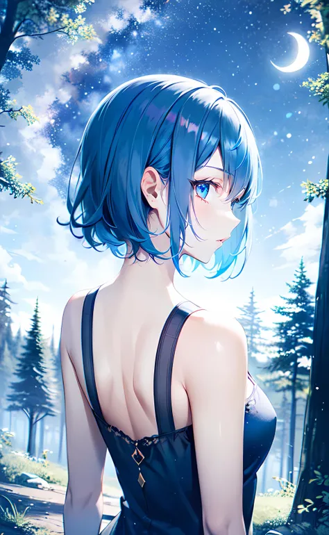 1girl, upper body, standing, from behind, looking back, short hair, blue hair, blue eyes, black dress, frilled dress, sleeveless dress, bare shoulders, bare arms, bare back, nature, forest, night, night sky