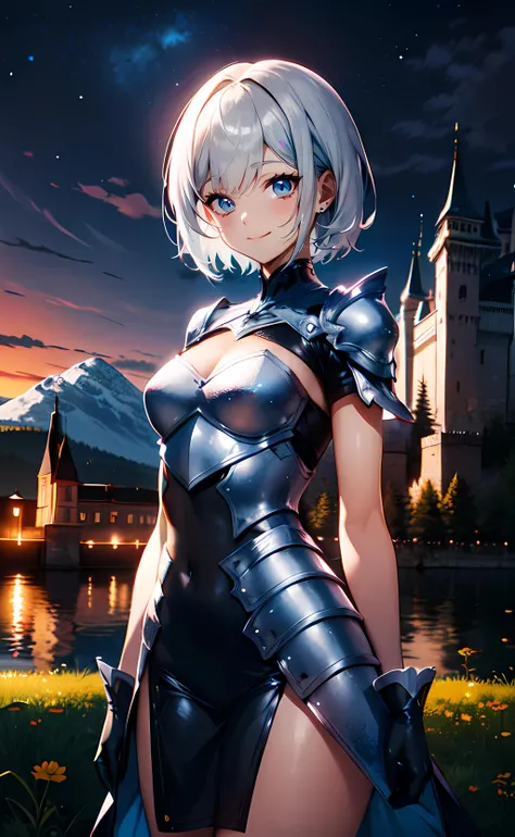 1girl, cowboy shot, standing, short hair, silver hair, blue eyes, armored dress, black dress, short sleeves, black gloves, closed mouth, smile, outdoors, castle, mountain, night, night sky