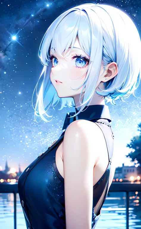1girl, close up, shoulder focus, from side, short hair, silver hair, blue eyes, black dress, collared dress, sleeveless dress, bare shoulders, bare arms, night, night sky